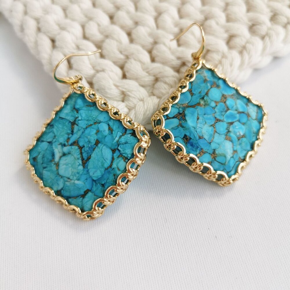 Authentic Alicia Bonnie Harper Gold Bronze Veined Turquoise Drop Earrings